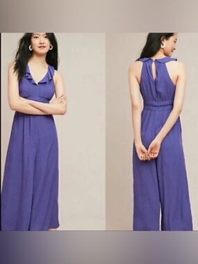 Anthropologie Sleeveless Ruffle V-Neck Jumpsuit - Violet